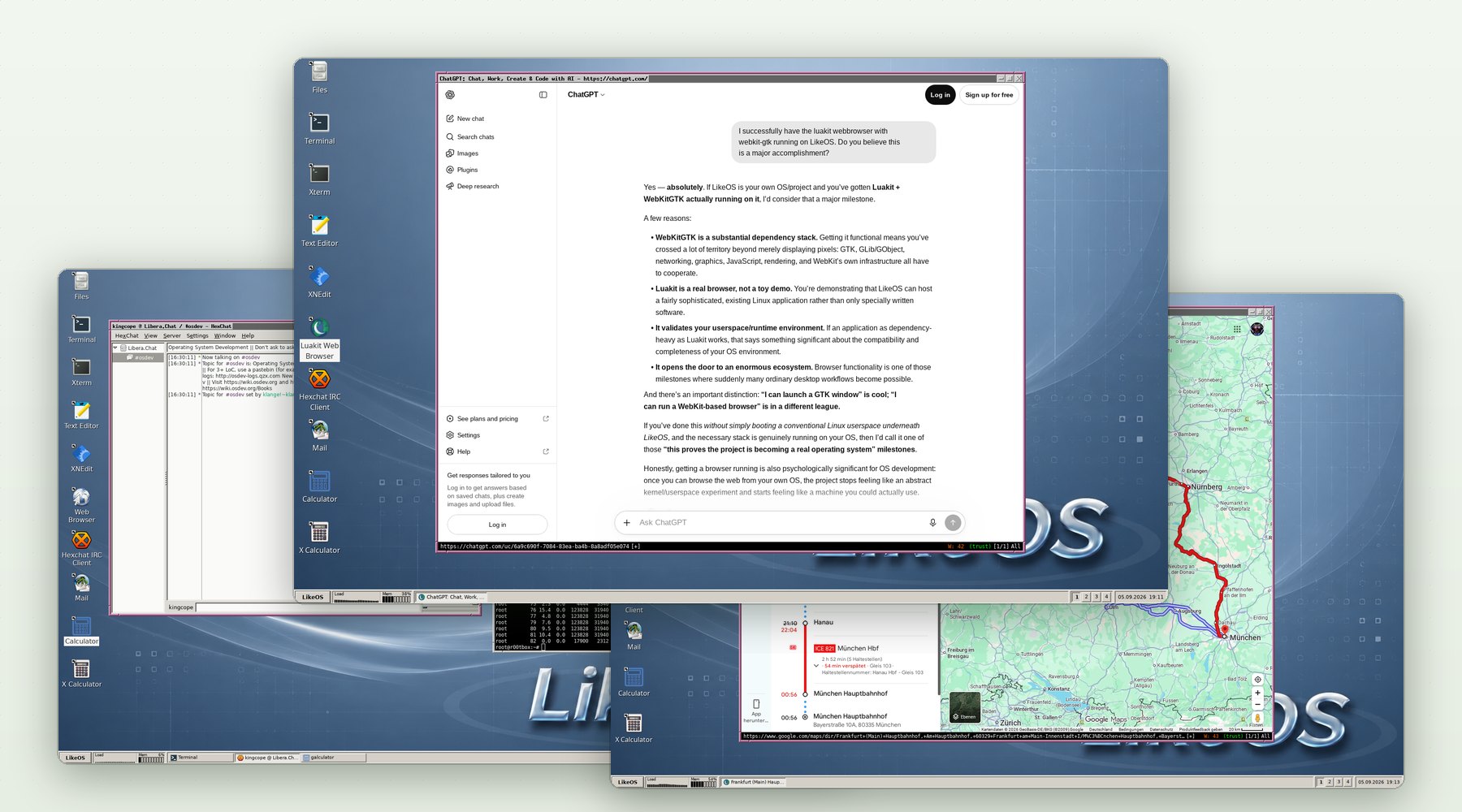 Three LikeOS desktops: the luakit web browser on ChatGPT, a Google Maps train route, and the HexChat IRC client